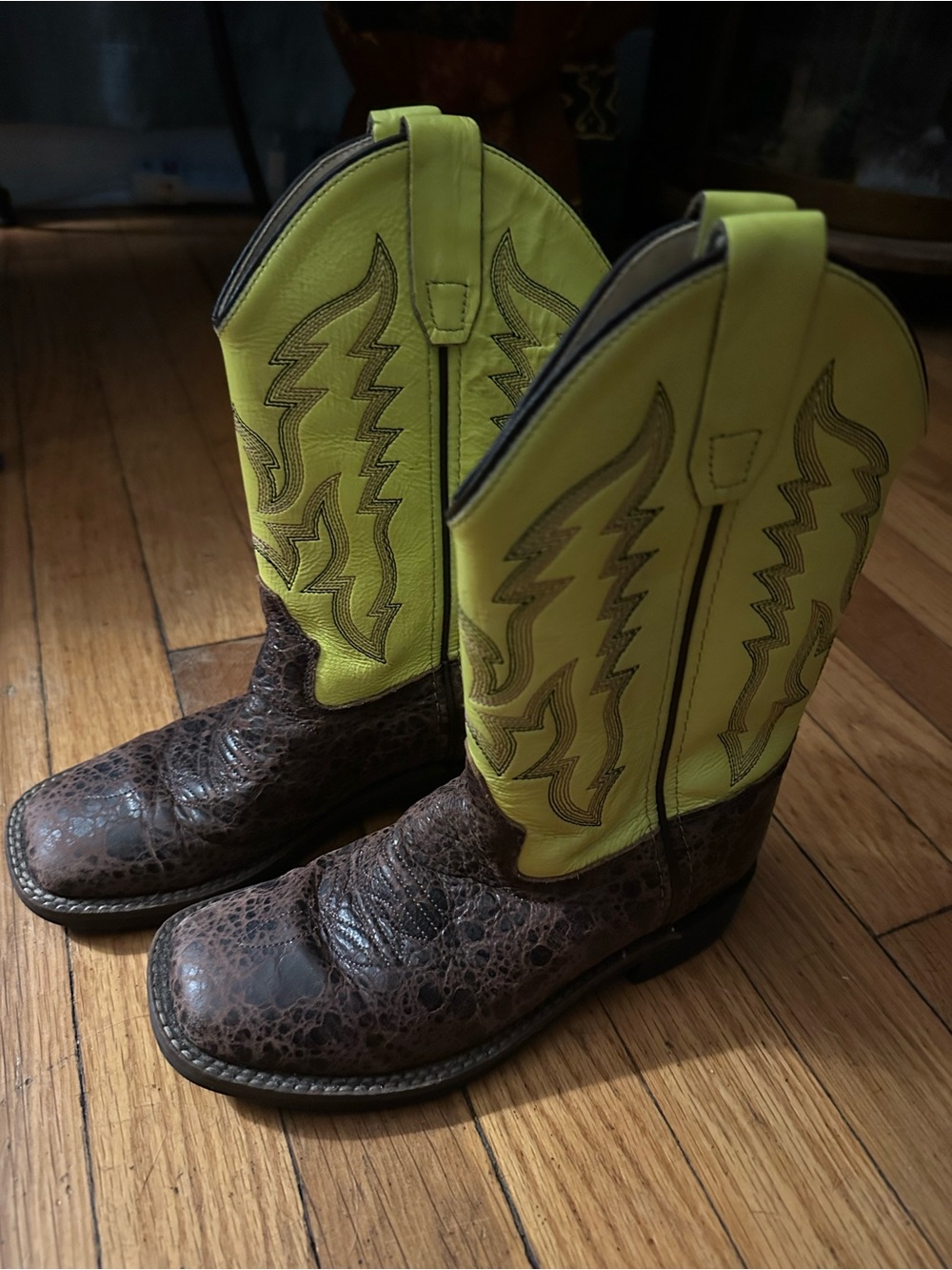 Old West Neon Yellow and Brown Kids Western Boots